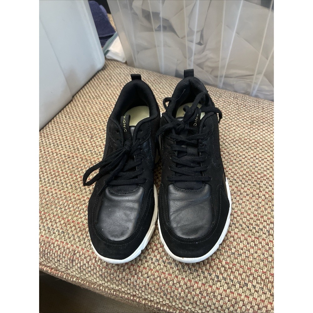 Vionic Aris Black Leather Comfort Sneakers Womens 8.5 Walking Shoes Orthopedic